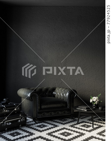 Black interior with leather armchair, coffee table and decor. 3d render illustration mockup. Black interior with leather armchair, coffee table and decor. 3d render illustration mockup. 77924525