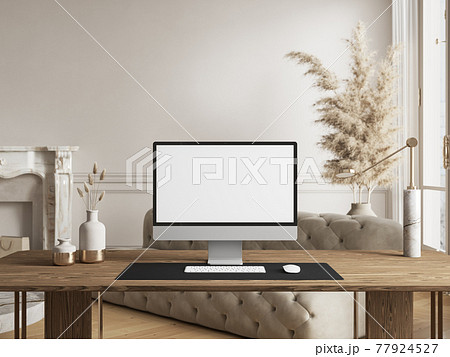 Workspace computer, monitor on bright classic interior. 3d render illustration mock up. 77924527