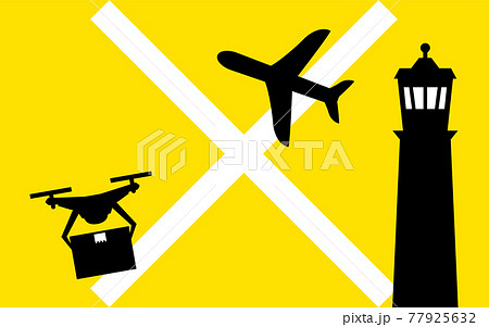ドローンの法規制、空港等の周辺の空域での飛行を示すシンプルなアイコン 77925632