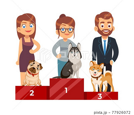 Dog Show. People with purebred pets, cute domestic puppy on pedestal standing, award ceremony, first second and third place, winner exhibition, dogs competition, vector isolated concept Dog Show. People with purebred pets, cute domestic puppy on pedestal standing, award ceremony, first second and third place, winner exhibition, dogs competition, vector isolated concept 77926072