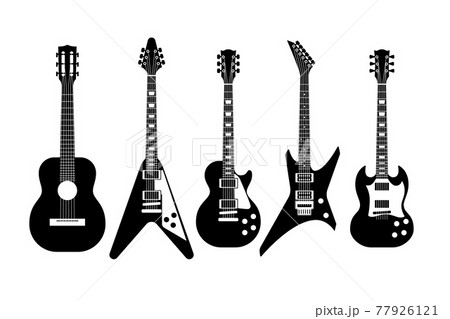 Guitars black and white. Electric and acoustic guitar various forms, outline musical instrument, classic and rock music objects, modern and vintage elements, silhouette vector isolated set Guitars black and white. Electric and acoustic guitar various forms, outline musical instrument, classic and rock music objects, modern and vintage elements, silhouette vector isolated set 77926121