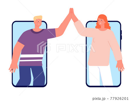High five online. Greeting gestures, chat friends clapping hands remote. Distance relationship or friendship in messenger utter vector concept 77926201