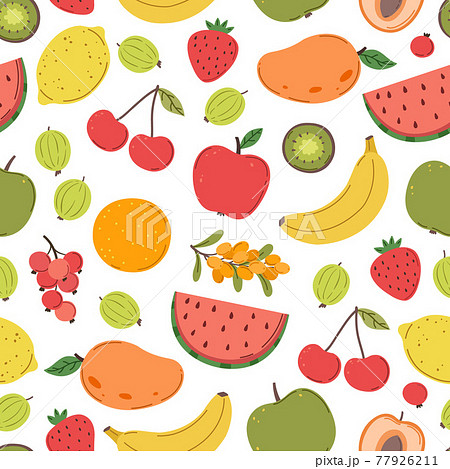 Juicy fruits pattern. Bright fruit texture, berries mix print. Fresh trendy vitamin background, summer tropical food exact vector seamless backdrop 77926211