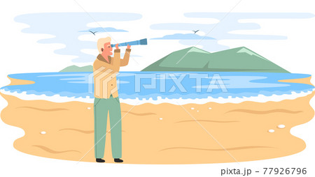 Man traveler with spyglass stands on sandy beach and looks at mountaines in sea during travel Man traveler with spyglass stands on sandy beach and looks at mountaines in sea during travel 77926796