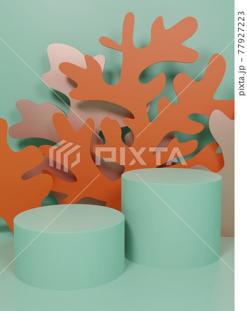 3D Rendering Underwater Theme Paper Cut Coral and Seaweed Product Display Background for Skincare, Health and Medical Products. Pink, Mint and Orange Colors. 77927223