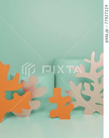 3D Rendering Underwater Theme Paper Cut Coral and Seaweed Product Display Background for Skincare, Health and Medical Products. Pink, Mint and Orange Colors. 77927224
