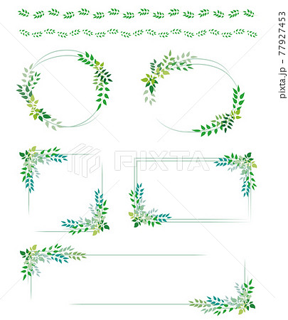 葉っぱの飾り罫線とフレームセットのイラストのイラスト素材
