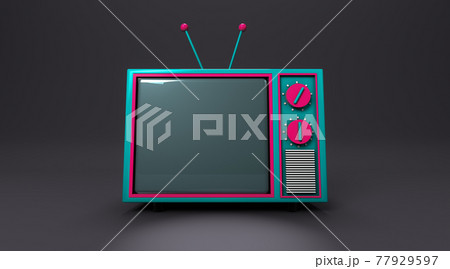 3D rendering, Realistic mock up of colorful retro cartoon television with empty space, close up on front side view, dark room background. 3D rendering, Realistic mock up of colorful retro cartoon television with empty space, close up on front side view, dark room background. 77929597