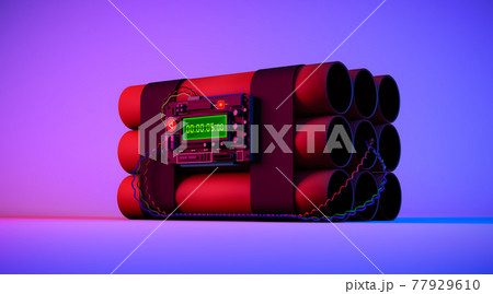 3D rendering, Realistic close up the dynamite bomb with digital countdown in 5 second, shadow darkness neon purple and blue colors background. 77929610