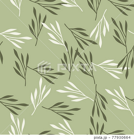 Spring season seamless pattern with random hand drawn leaf branches ornament. Light green background. 77930664
