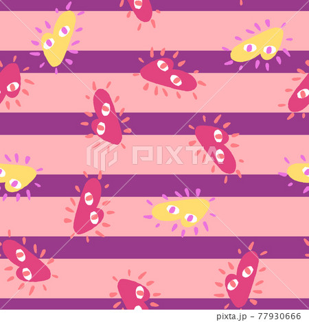 Childish random seamless pattern with pink and yellow abstract heart ornament. Purple striped background. Childish random seamless pattern with pink and yellow abstract heart ornament. Purple striped background. 77930666