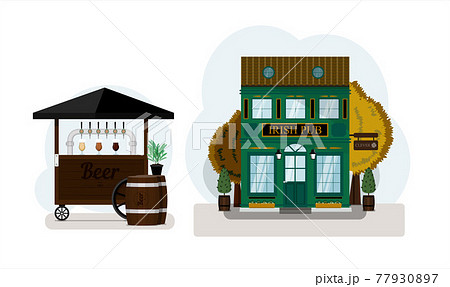 Beer set. Irish pub exterior vector illustration. Street stall with draught beer for sale. Wooden cart with different types of craft beer, wooden barrels and beer glass glasses. Flat design of facade 77930897