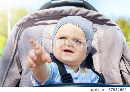 Happy baby boy in stroller in park. 77932663