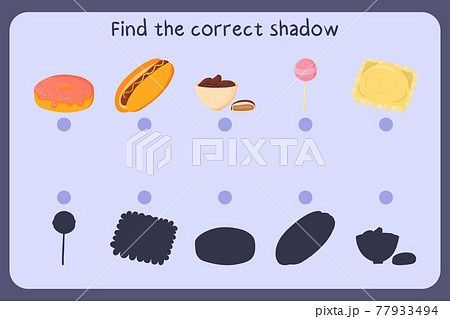 Matching children educational game with food - donut, hot dog, dates, candy, ravioli. Find the correct shadow. Matching children educational game with food - donut, hot dog, dates, candy, ravioli. Find the correct shadow. 77933494