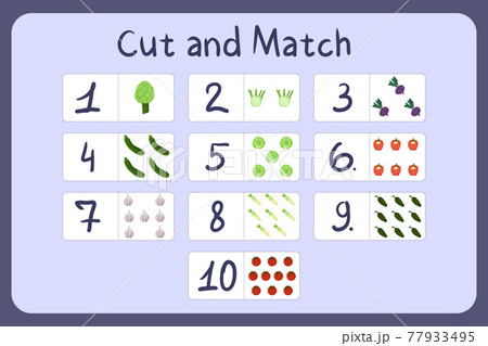 Flash cards with numbers for kids, set 4. Cut and match pictures with numbers and fruits. Illustration for educational math game design. Printable worksheet. Flash cards with numbers for kids, set 4. Cut and match pictures with numbers and fruits. Illustration for educational math game design. Printable worksheet. 77933495