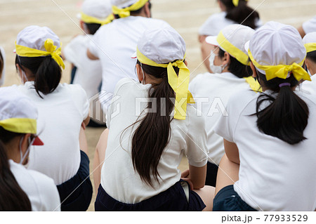 校庭に座る小学生 運動会 体育イメージ 77933529