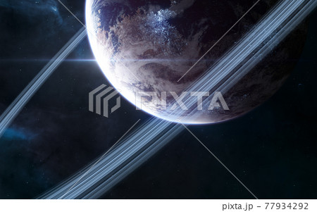 Inhabited planet in deep space. Beautiful cosmic landscape Inhabited planet in deep space. Beautiful cosmic landscape 77934292