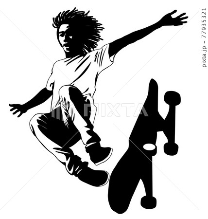 Silhouette of a young man performing a trick on a skateboard vector illustration Silhouette of a young man performing a trick on a skateboard vector illustration 77935321
