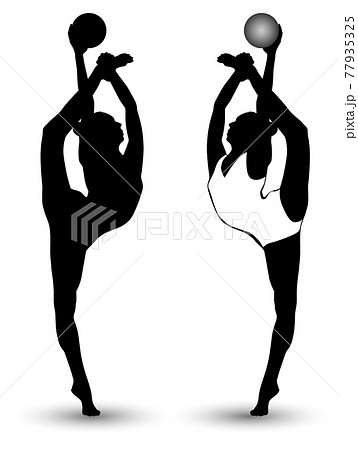 Black and white image of a gymnast performing an exercise with a ball 77935325