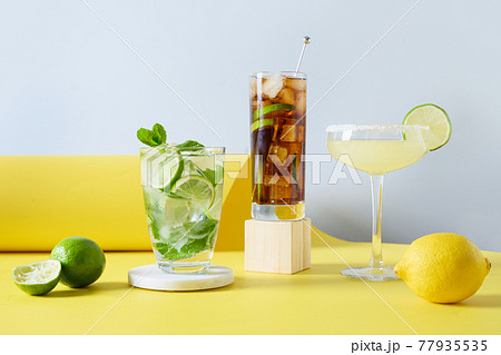 Classic and blackberry mojito, margarita cocktail with lime. 77935535