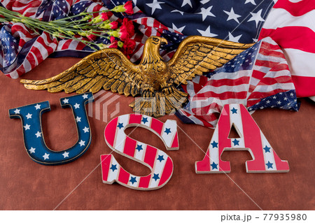 USA national holidays American flag on Memorial day, veterans celebration with text USA in the American Bald Eagle USA national holidays American flag on Memorial day, veterans celebration with text USA in the American Bald Eagle 77935980