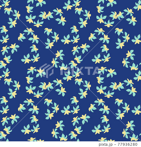 Tropic seamless pattern with random yellow hawaii flowers silhouettes. Navy blue background. Bright design. 77936280