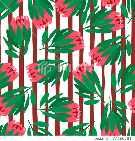 Pink random protea flowers silhouettes seamless pattern. Red and white striped background. Doodle style. 77936281