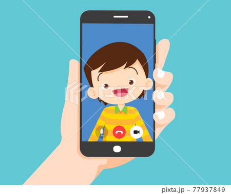 hand hold smartphone video call with boy 77937849