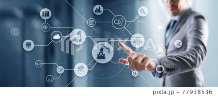 RPA Universal Technology Background for your business. 3D icons on virtual screen 77938536