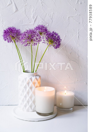 White vase with purple allium flowers near textured wall White vase with purple allium flowers near textured wall 77938589