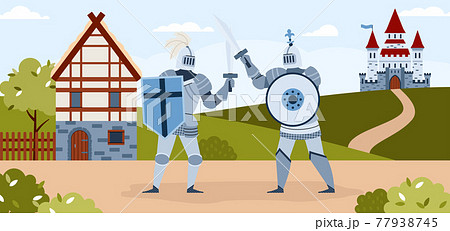 Medieval knights tournament horizontal background, flat vector illustration. 77938745