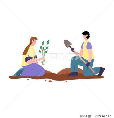 Couple planting seedlings of plants cartoon vector illustration isolated. 77938747