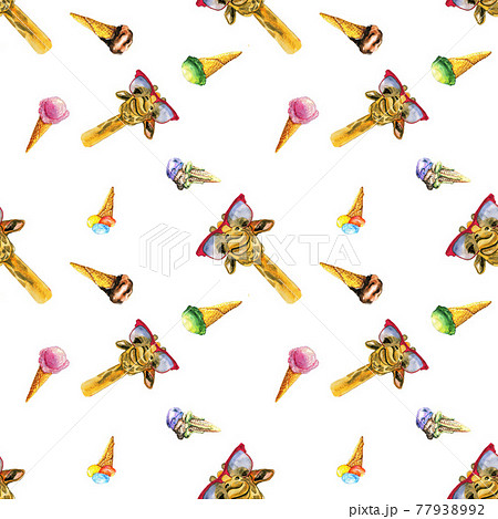 Handmade watercolor seamless pattern with giraffe and pancake 77938992