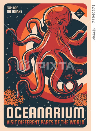 Octopus in oceanarium aquarium retro vector banner 77940571