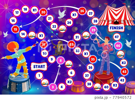 Shapito circus kids boardgame, vector step riddle Shapito circus kids boardgame, vector step riddle 77940572