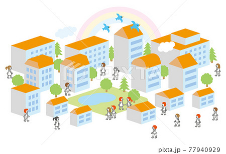 虹のかかる街と人々（オレンジ屋根） 77940929