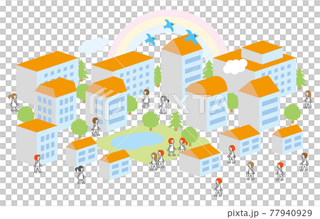 虹のかかる街と人々（オレンジ屋根） 77940929