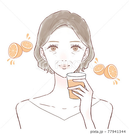 オレンジジュースを飲む中年女性のイラスト素材