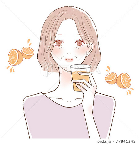 オレンジジュースを飲む中年女性のイラスト素材