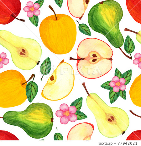 Pear and apple fruit with leaves and seeds, whole and slice. Fresh garden fruit 77942021