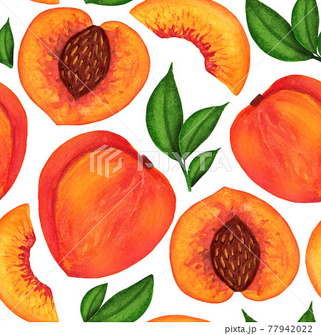 Orange peach watercolor seamless pattern. Fresh fruit repeated, white background 77942022