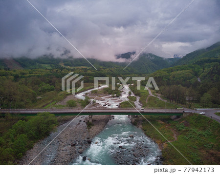 雪解け水で増水した松川と新緑と白馬大橋（ドローンによる空撮）長野県白馬村 77942173