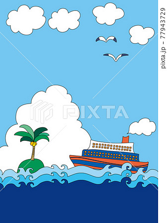 海と船のゆったりした風景 主線あり のイラスト素材