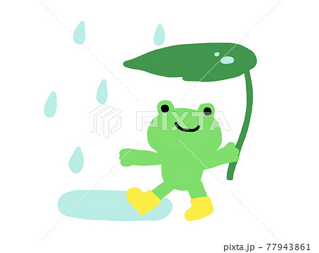 雨の中葉っぱの傘をさしているカエルのイラスト素材