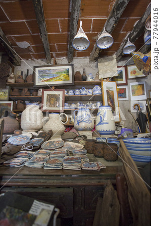 Handmade Ceramic art panels, jugs and planters in old picturesque pottery studio Handmade Ceramic art panels, jugs and planters in old picturesque pottery studio 77944016
