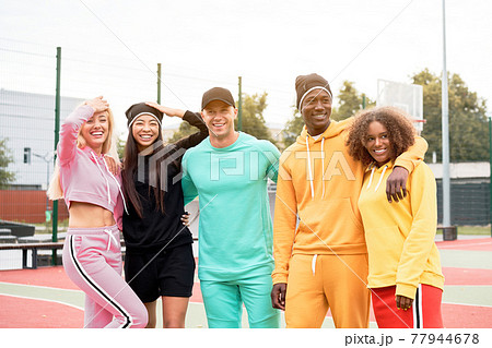 Multi-ethnic group people teenage friends. African-american, asian, caucasian student spending time together Multiracial friendship 77944678