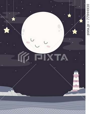 かわいい満月と灯台 夜の海の風景 背景素材のイラスト素材