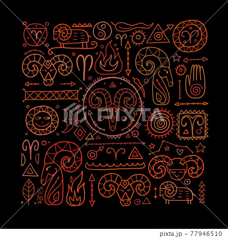 Illustration of Aries zodiac sign. Element of Fire. Design of Astrology Calendar, Horoscope, Print. Illustration of Aries zodiac sign. Element of Fire. Design of Astrology Calendar, Horoscope, Print. 77946510