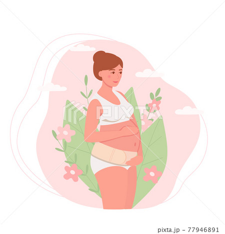 A pregnant woman with a bandage supporting her stomach on a background of leaves. The concept of health, motherhood, and preparation for childbirth. Vector illustration in a flat style A pregnant woman with a bandage supporting her stomach on a background of leaves. The concept of health, motherhood, and preparation for childbirth. Vector illustration in a flat style 77946891