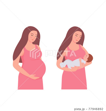 A set with a pregnant woman and a mother with a newborn baby. The concept of carrying a child and motherhood. Flat vector illustration isolated on a white background. A set with a pregnant woman and a mother with a newborn baby. The concept of carrying a child and motherhood. Flat vector illustration isolated on a white background. 77946892